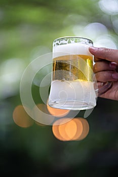 Stock Photo - cheers hand holding up beer