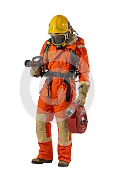 Stock photo of an isolated firefighter showing full gear and clothing