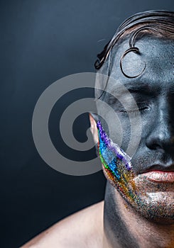 Stock photo male face, makeup art. Handsome caucasian man close up