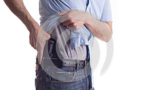 Man drawing concealed carry pistol photo