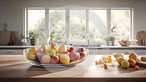 Womaan arrange fresh fruits bowl in a sunlit modern kitchen, vibrant and inviting