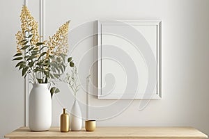 Mockup Blank Photo Frame Close Up in Scandinavian Style Home Minimal White Wooden Wall Background - Generative AI