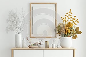 Mockup Frame Close Up in Scandinavian Style Home Interior Minimal White Wooden Wall Background - Generative AI