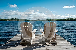 Stock photo Two Adirondack chairs on wooden dock facing blue water