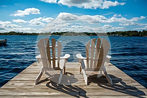 Stock photo Two Adirondack chairs on wooden dock facing blue water