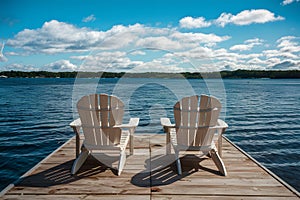 Stock photo Two Adirondack chairs on wooden dock facing blue water