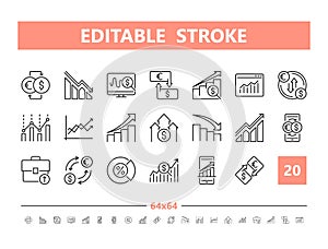 Stock Quotes 20 line icons. Vector illustration in line style. Editable Stroke, 64x64, 256x256, Pixel Perfect.