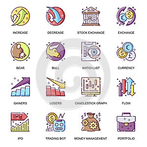 Stock quotes flat icons set. Bear and bull