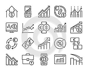 Stock Quotes icons. Stock quotes, charts and data analysis line icon set. Editable stroke.