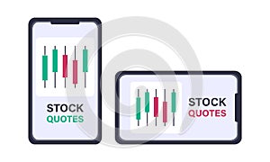 Stock quotes. Mobile application on phone. Financial app logo on smartphone. Horizontal and vertical position of device