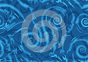 Stock Seamless vector pattern of blue torn lines and spirals on a nautical background. Texture of waves and swirls for