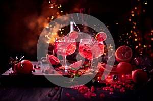 Cocktail drinks on table signature drink with fruits, candels, fire, in a calid and warm environment photo