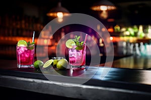 Cocktail drink on table signature drink with lemon on a bar counter photo