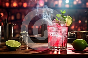 Cocktail drink on table signature drink with lemon on a bar counter photo