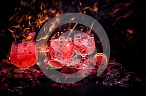 Cocktail drinks on table signature drink with fruits, candels, fire, in a calid and warm environme photo