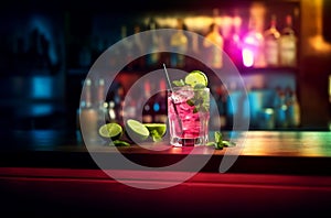 Cocktail drink on table signature drink with lemon on a bar counter photo