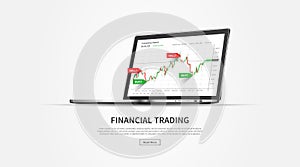 Stock trade promo page with laptop vector illustration