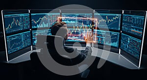Stock Trader Analyzing Financial Data on Multiple Computer Screens