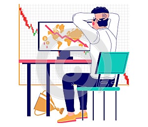 Stock trader, businessman losing money. Stock market crash, world economic and financial crisis, vector illustration.