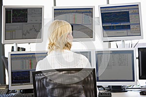 Stock Trader Looking At Multiple Monitors