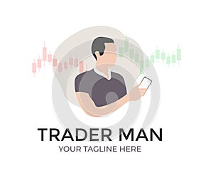 Stock Trader Looking using smartphone while workin logo design. Block chain stock market cryptocurrency investment.