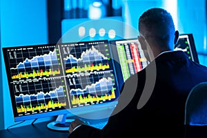 Stock Trader Man Using Multiple Computers