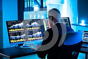 Stock Trader Man Using Multiple Computers