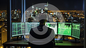 Stock Trader Man Using Multiple Monitors. Back view.. AI generated