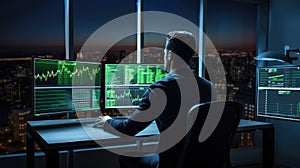 Stock Trader Man Using Multiple Monitors. Back view.. AI generated