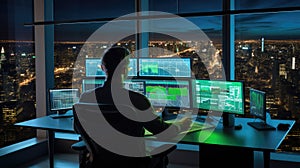 Stock Trader Man Using Multiple Monitors. Back view.. AI generated