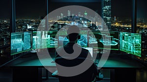 Stock Trader Man Using Multiple Monitors. Back view.. AI generated
