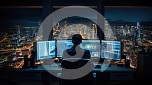 Stock Trader Man Using Multiple Monitors. Back view.. AI generated