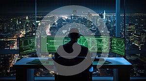 Stock Trader Man Using Multiple Monitors. Back view.. AI generated