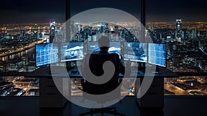 Stock Trader Man Using Multiple Monitors. Back view.. AI generated