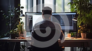 Stock Trader Man Using Multiple Monitors. Back view.Created with Generative AI technology.. AI generated