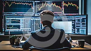 Stock Trader Man Using Multiple Monitors. Back view.Created with Generative AI technology.. AI generated