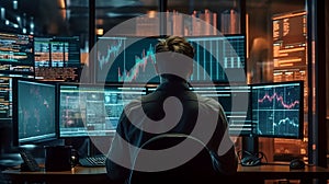 Stock Trader Man Using Multiple Monitors while working at night. Back view.Created with Generative AI technology.. AI