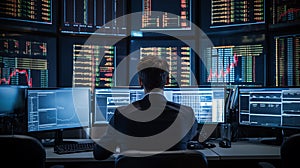 Stock Trader Man Using Multiple Monitors while working at night. Back view.Created with Generative AI technology.. AI