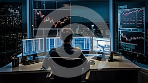 Stock Trader Man Using Multiple Monitors while working at night. Back view.Created with Generative AI technology.. AI