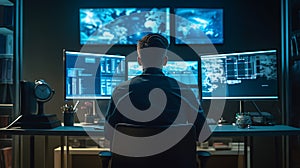 Stock Trader Man Using Multiple Monitors while working at night. Back view.Created with Generative AI technology.. AI
