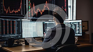 Stock Trader Man Using Multiple Monitors while working at night. Back view.Created with Generative AI technology.. AI