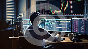Stock Trader Man Using Multiple Monitors while working at night. Back view.Created with Generative AI technology.. AI
