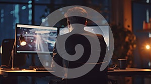 Stock Trader Man Using Multiple Monitors while working at night. Back view.Created with Generative AI technology.. AI