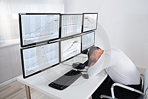 Stock Trader Sleeping At Multiple Computer's Desk