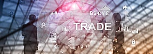 Stock trading candlestick chart and diagrams on blurred office center background