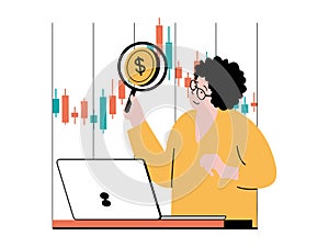Stock trading concept with character situation. Woman analyzes financial chart, explores market, works with data and makes trend