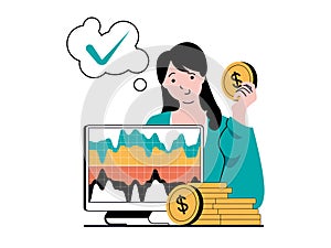 Stock trading concept with character situation. Woman increases her income, analyzes financial statistic graphs and stock market