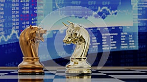 Stock trading corporate bear and bull with chart. 3D illustration