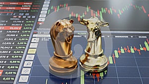 Stock trading corporate bear and bull with chart. 3D illustration