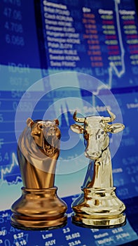 Stock trading corporate bear and bull with chart. 3D illustration
